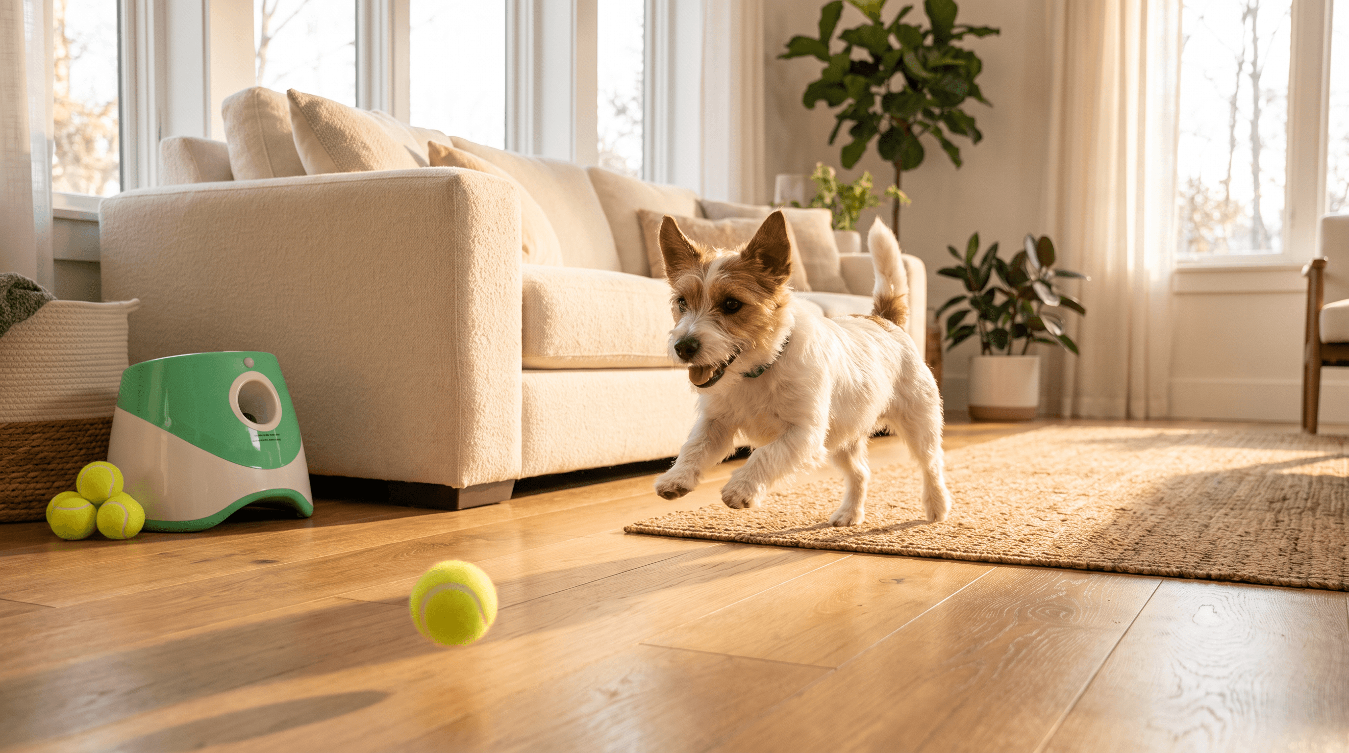 Small dog playing fetch with the automatic ball launcher