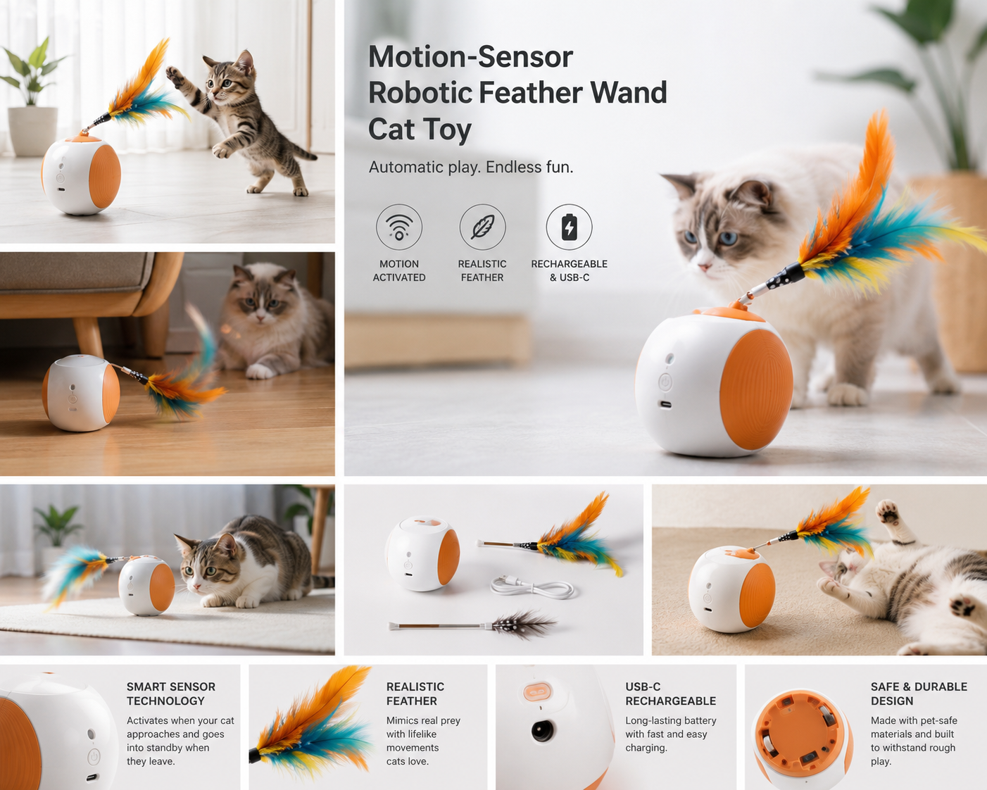 Motion-Sensor Robotic Feather Wand Cat Toy - Automatic Play