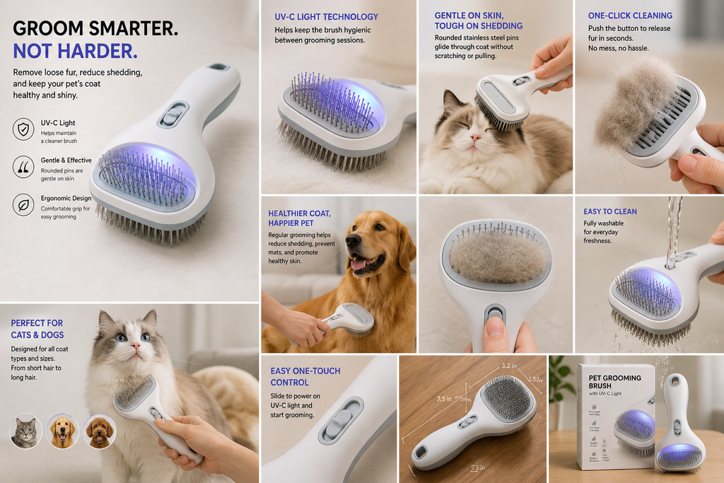 UV-C Sanitizing Pet Brush - Anti-Bacteria Grooming for Dogs & Cats