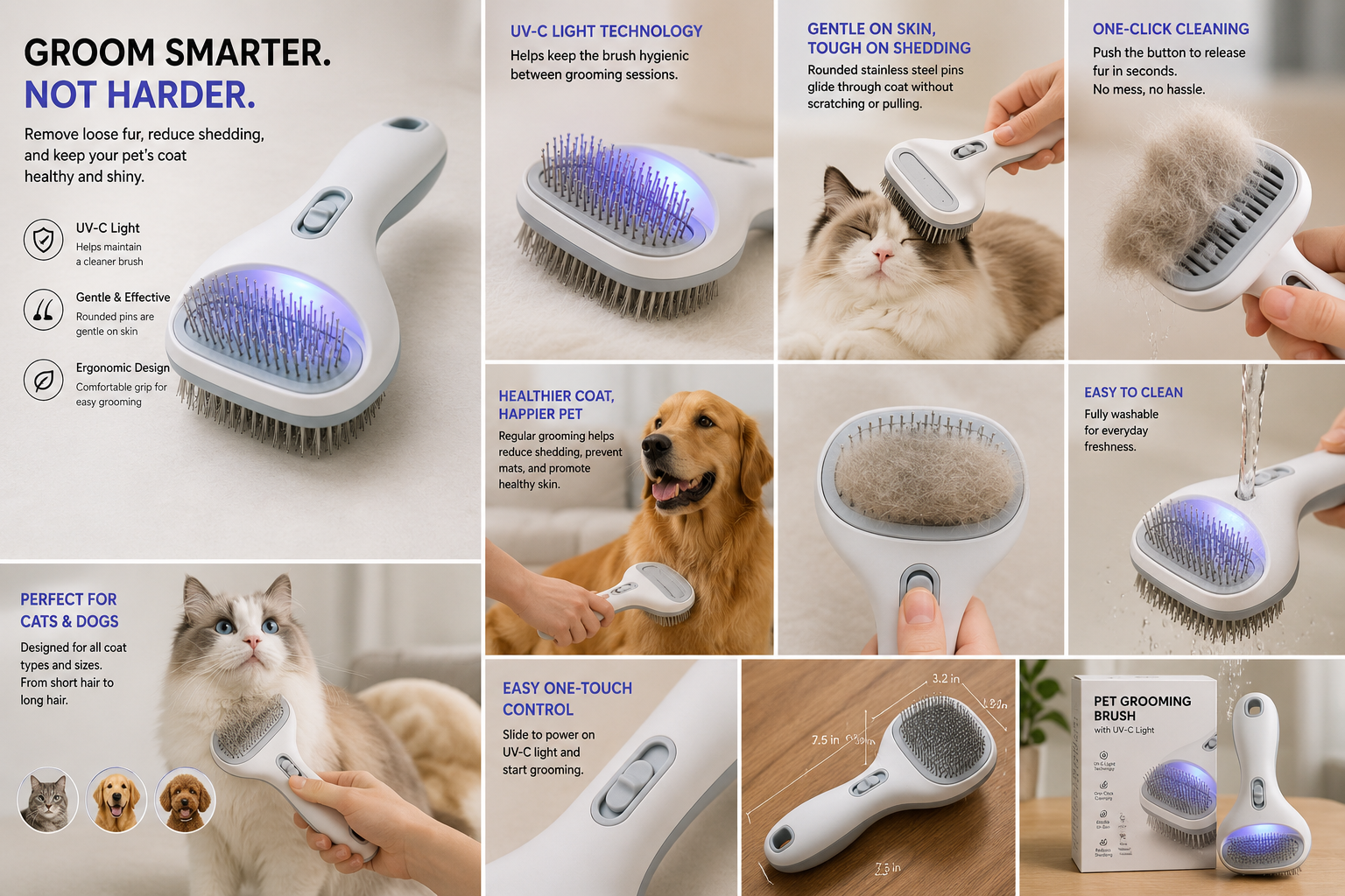UV-C Sanitizing Pet Brush - Anti-Bacteria Grooming for Dogs & Cats
